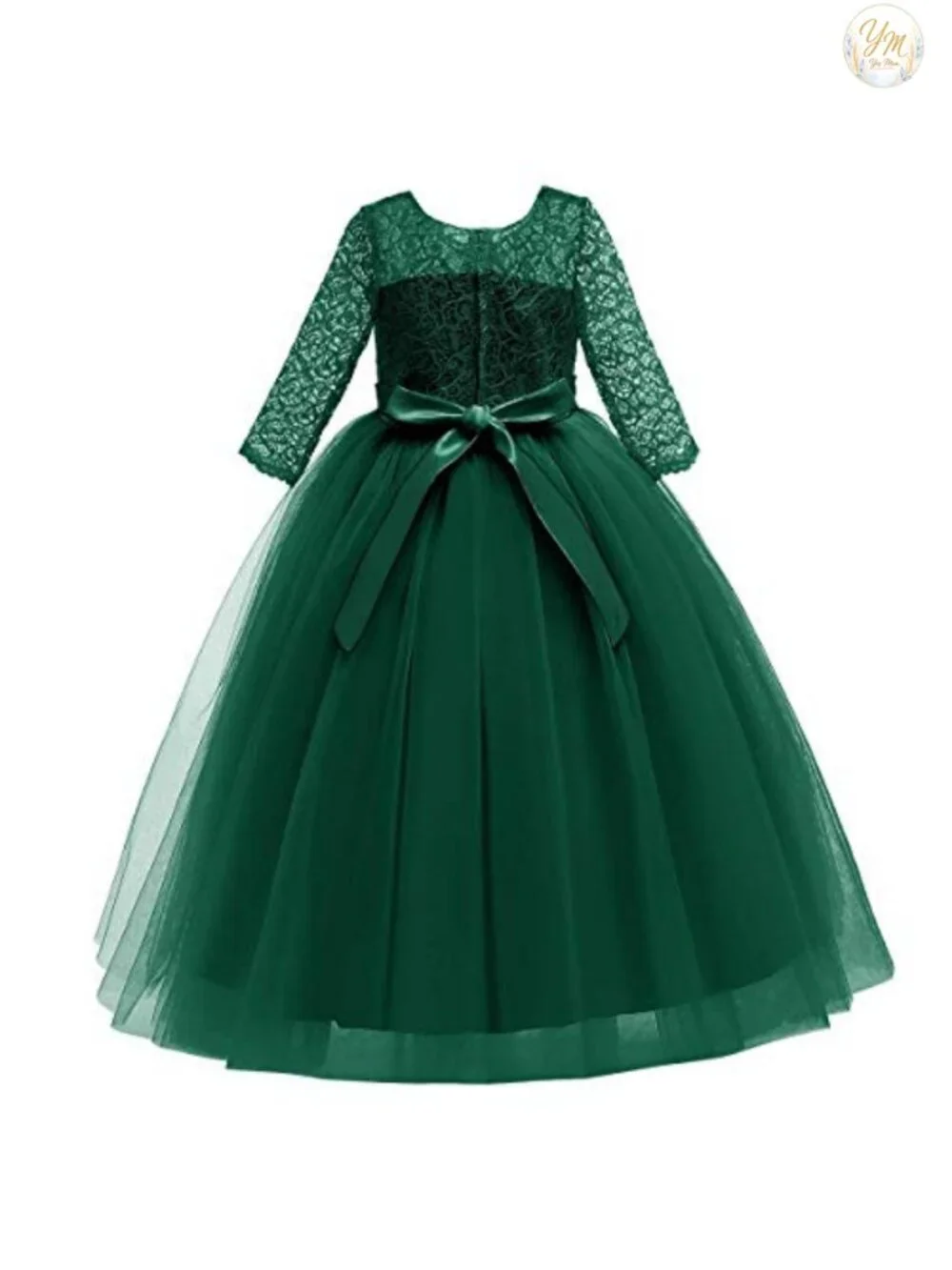 Girls Flower Girl Lace 3/4 Sleeve Wedding Princess Maxi Dress, High Waist, Back